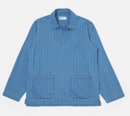 Washed Indigo Recycled Herringbone Smock Overshirt