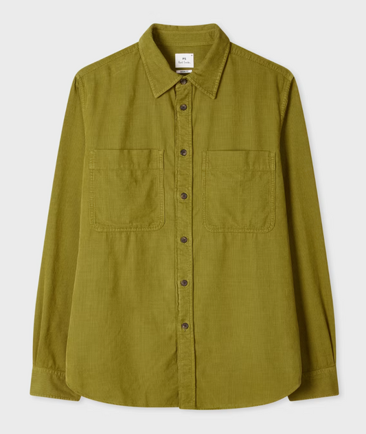 Olive Green Corduroy Patch-Pocket Shirt