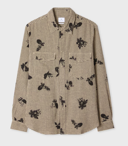 Beige and Black Gingham Floral Shirt