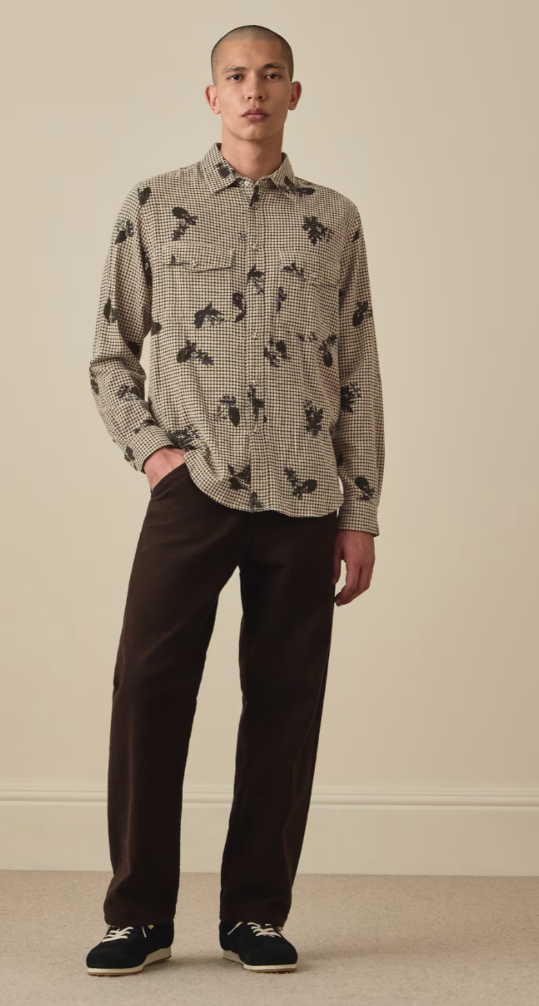Beige and Black Gingham Floral Shirt